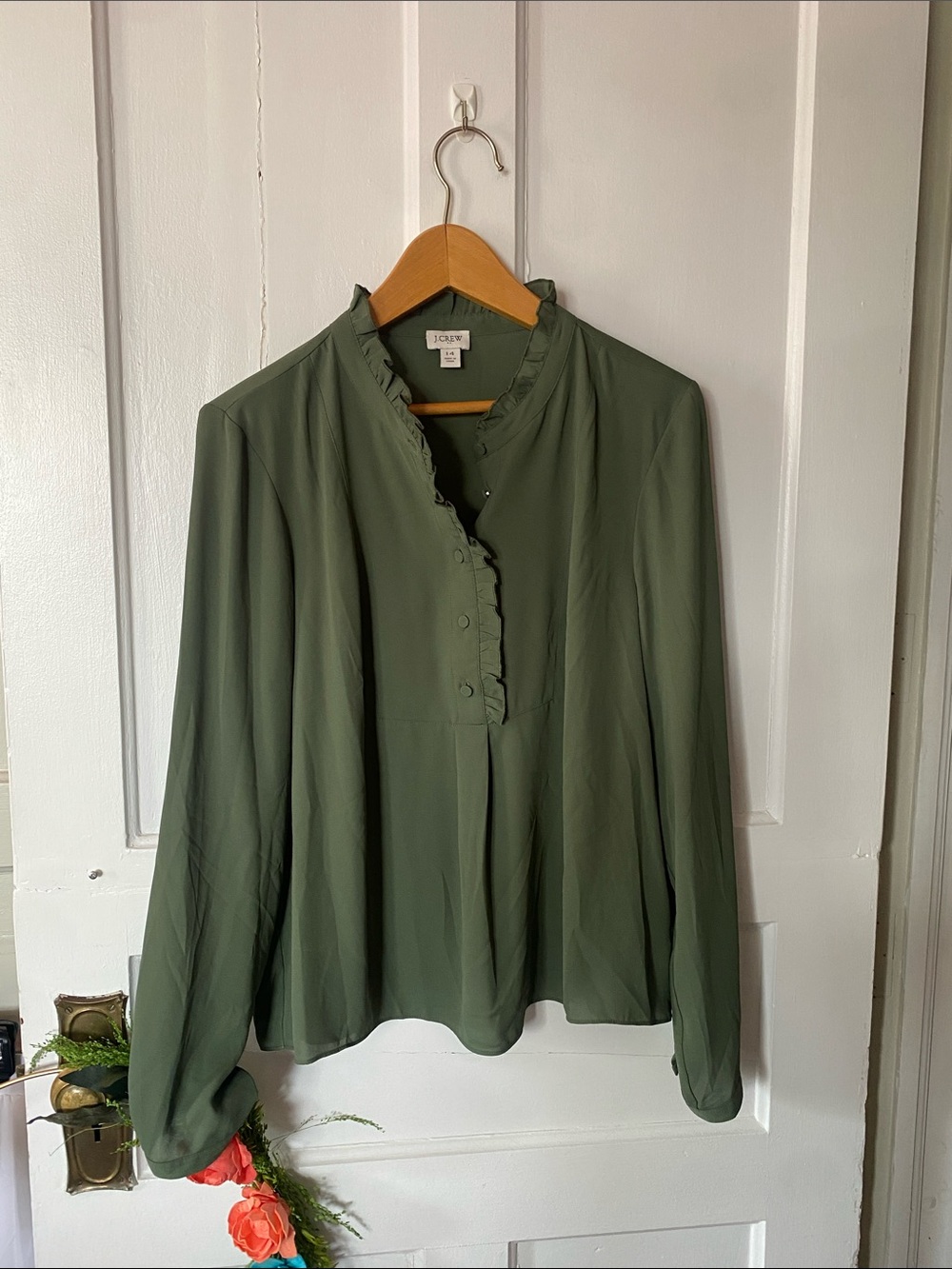 J. Crew Olive Green Ruffle-Placket Long Sleeve Blouse